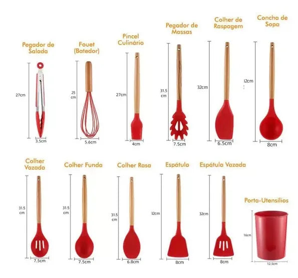 Kit Jogo 12 Peças Utensílios de Cozinha Silicone kit Antiaderente com Suporte